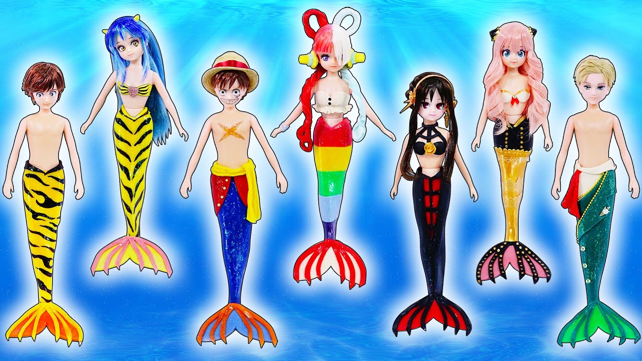 リカちゃんが人魚に変身⭐粘土とメイクで手作り❤️ラムちゃん、ウタ、アーニャ、ヨル、ルフィがマーメイドにリメイクDIY🌼100円ショップの材料と粘土で工作✨声真似