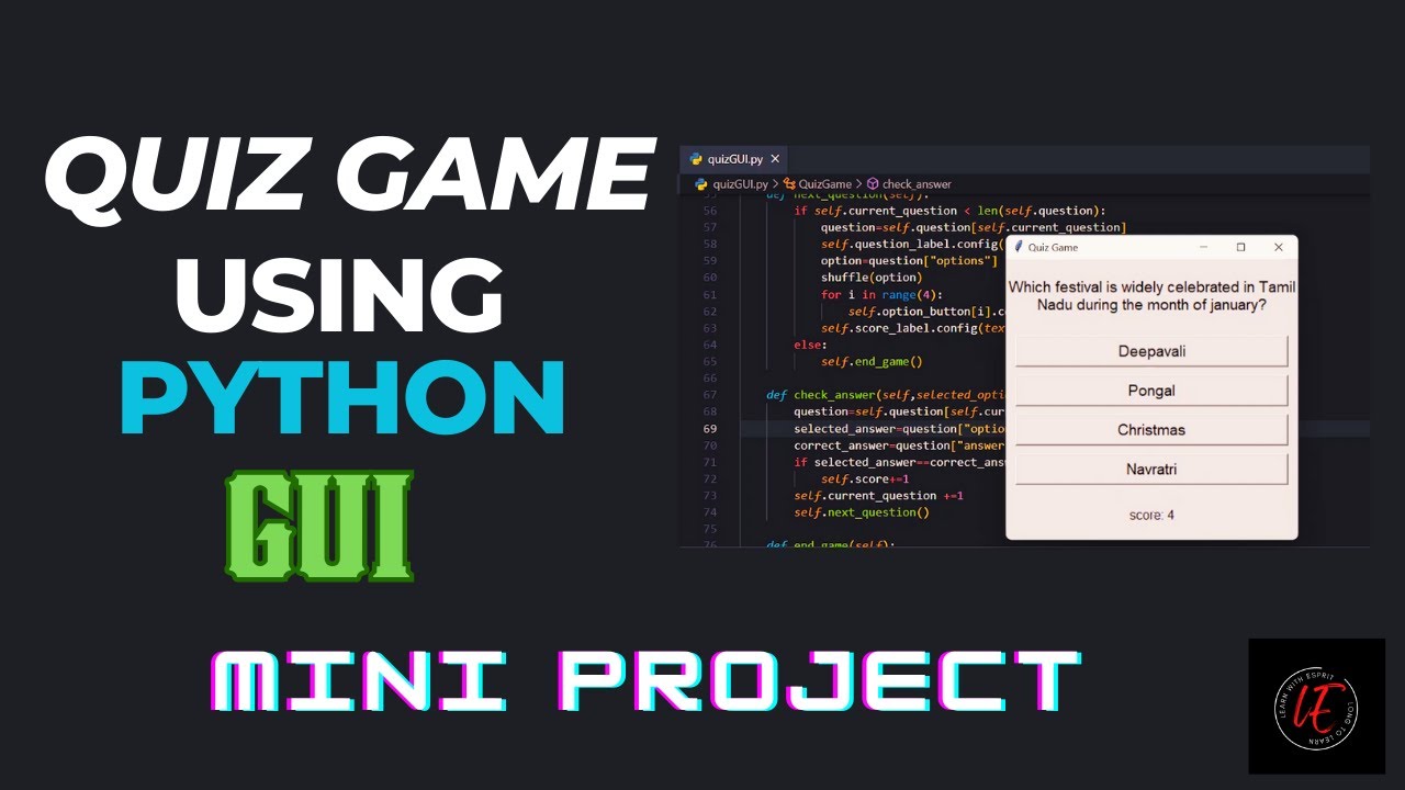 Quiz game(GUI) using Python | Mini Project | Learn with Esprit | Graphical user interface
