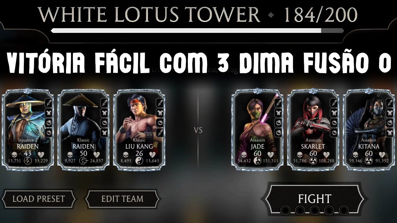 Passando a Luta 184 Torre Lotus Branca Fatal com um Trio Diamante sem Fusão. MK Mobile.