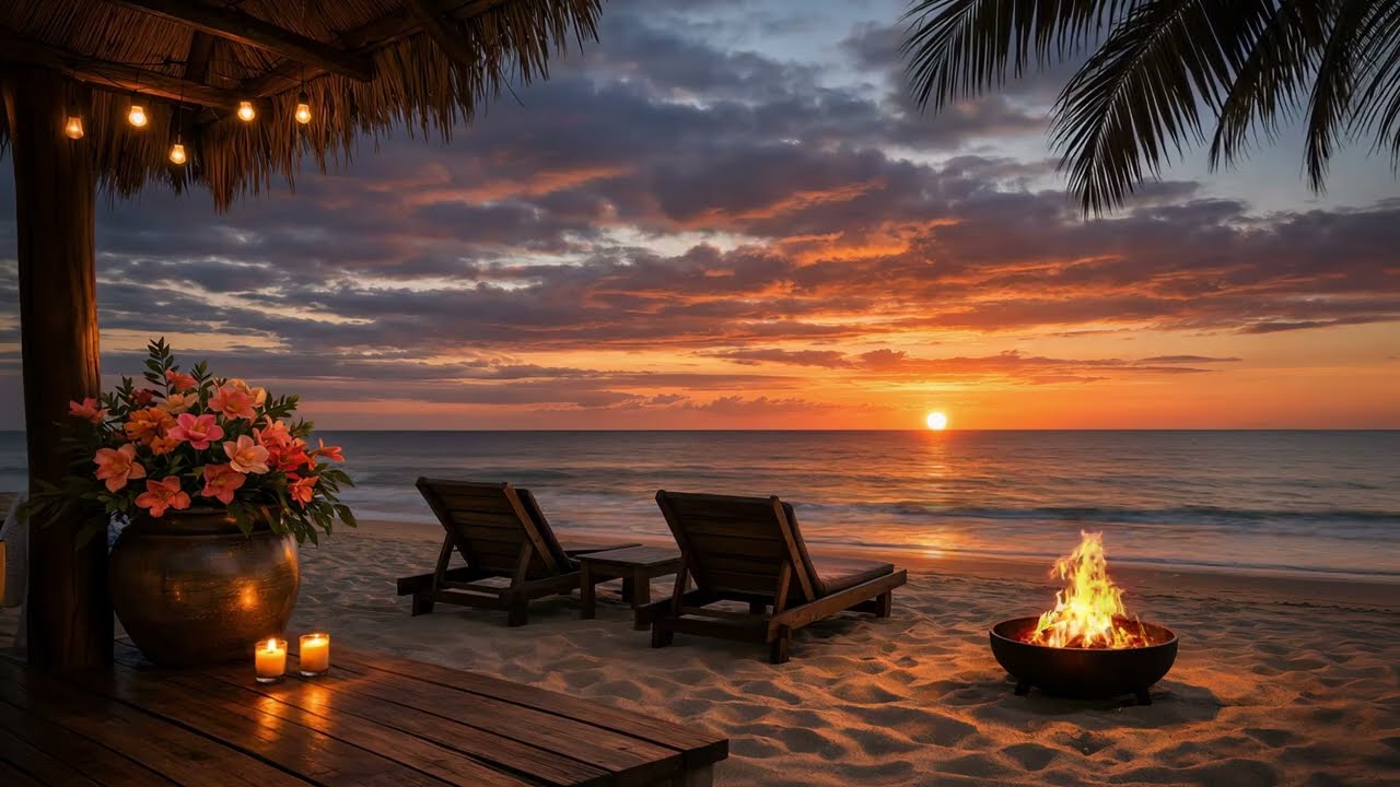 Catch the Sunset at Summer Beach 🌅 Waves and Firepit for Deep Sleep, Relaxation 🔥🌊
