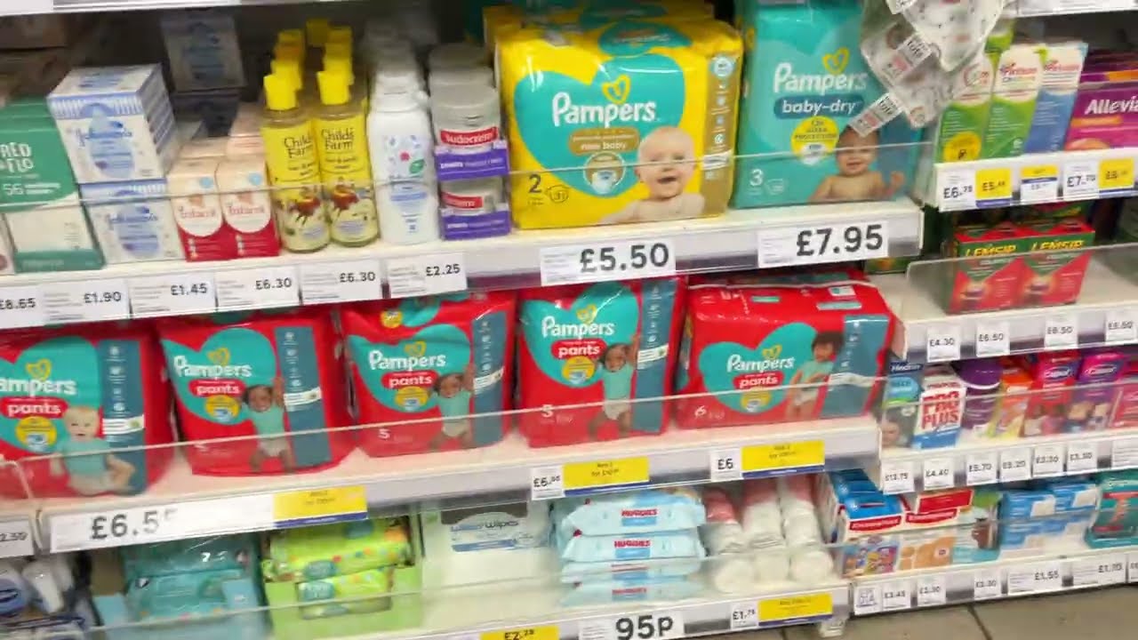 Diapers aisle in Tesco Express (London, England)