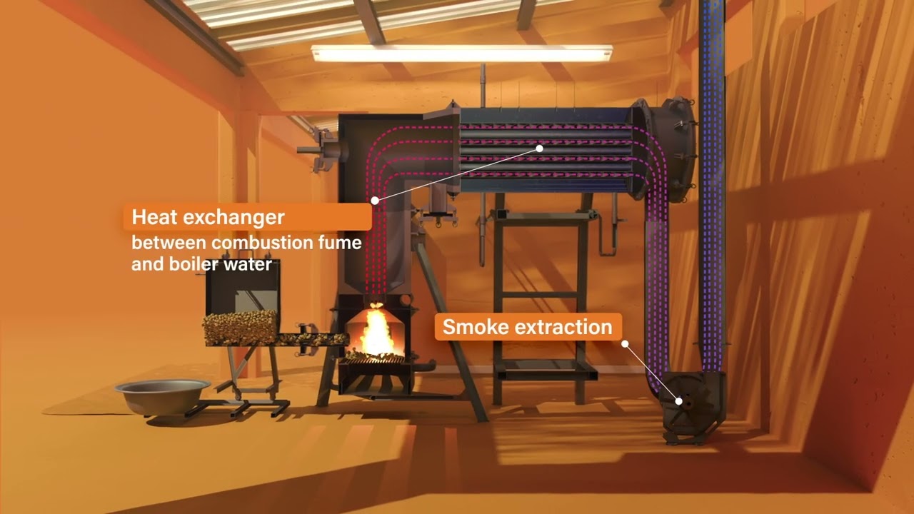 3D animation: cashew nut shell combustion boiler to power a high-capacity mango dryer