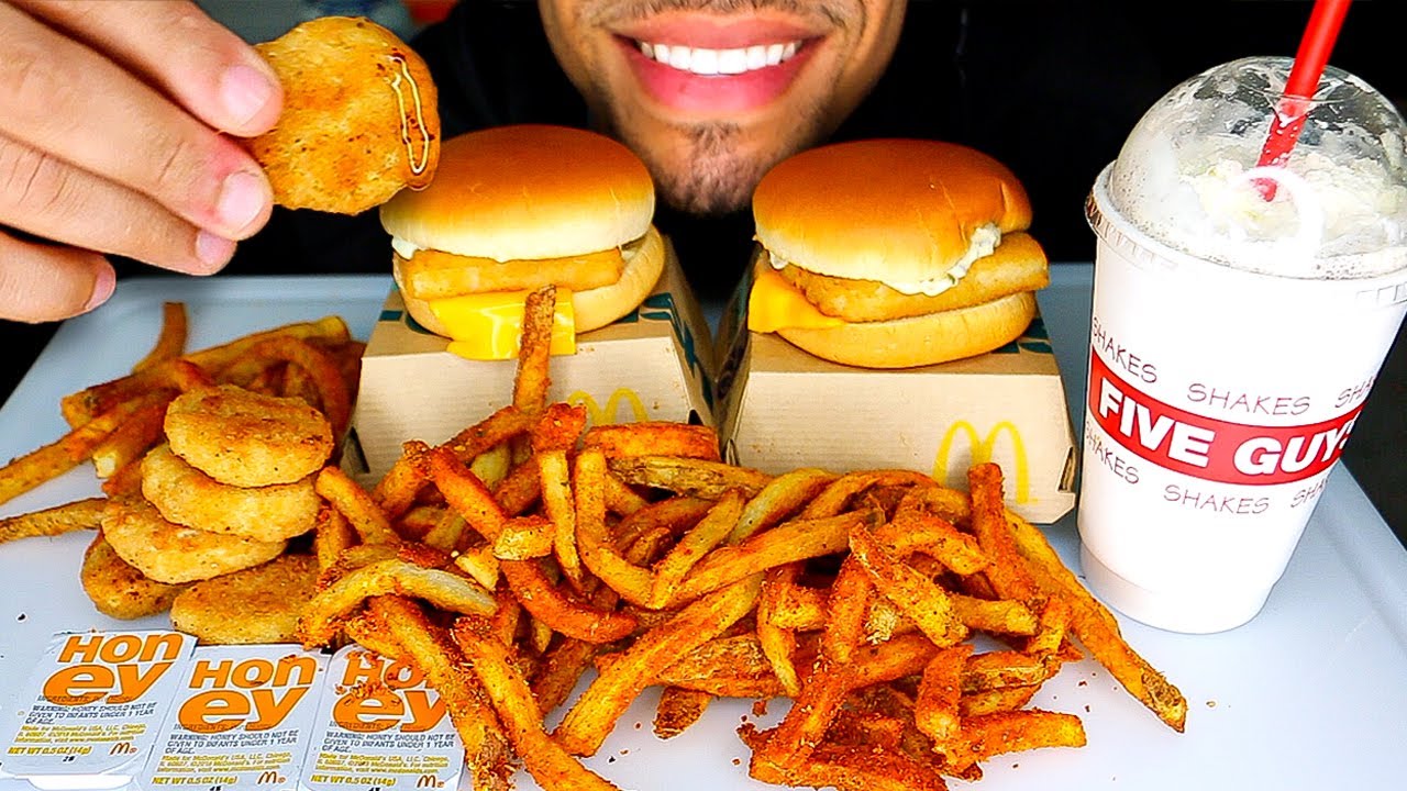 ASMR EATING MCDONALDS FISH FILLET CHICKEN NUGGETS W/ HONEY FIVE GUYS OREO MILKSHAKE CAJUN FRIES