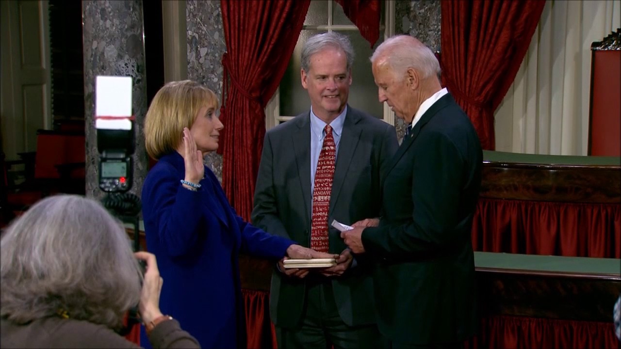 Senator Maggie Hassan Reenacts Swearing-In With Vice President Joe Biden