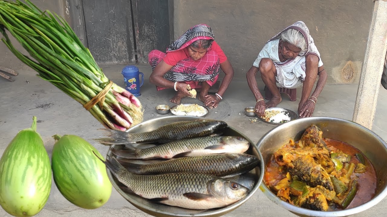 Village life small rui FISH CURRY with BRINJAL cooking and onion leaves vaji recipe|rural life