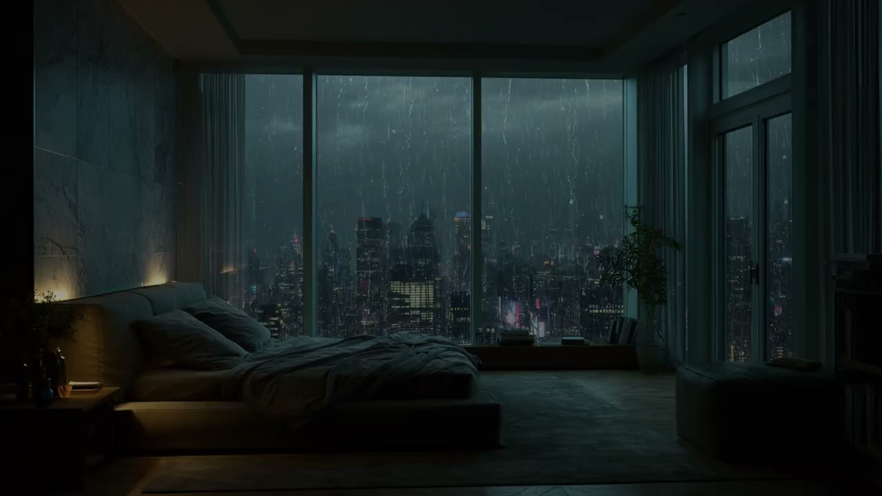 Rain drifts across the neon river 🌧️ where silent taxis glide through sleepless midnight haze