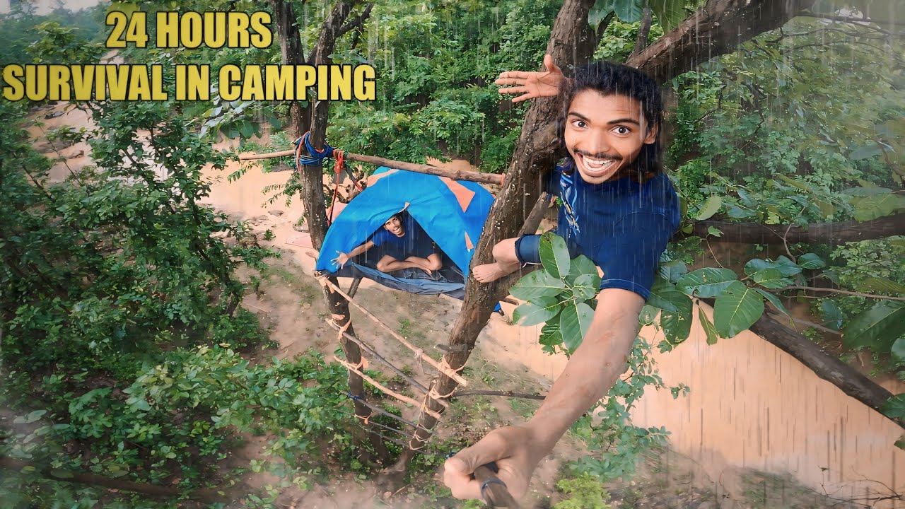 “😱 24 HOURS TREE CAMPING in HEAVY RAIN 🌧 | Extreme Jungle Survival Challenge in FOREST ”