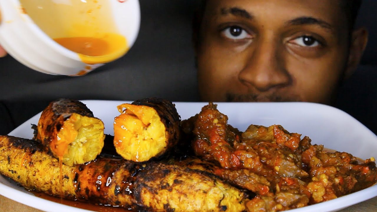 ASMR Mukbang Roasted Plantain (Boli) & Peppered Beef | Street Food Eating Sound