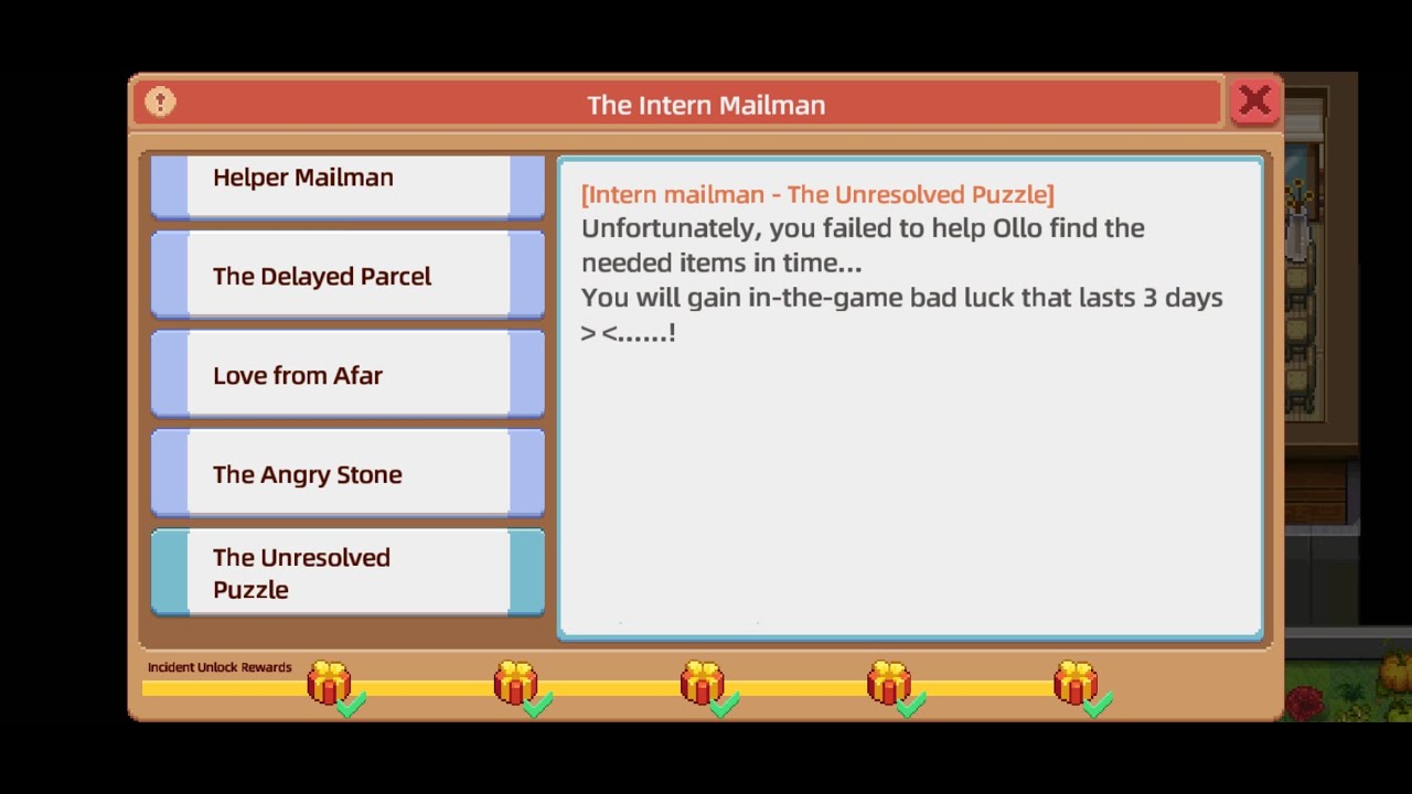Harvest Town Exploration, The Intern Mailman 5.The Unresolved Puzzle