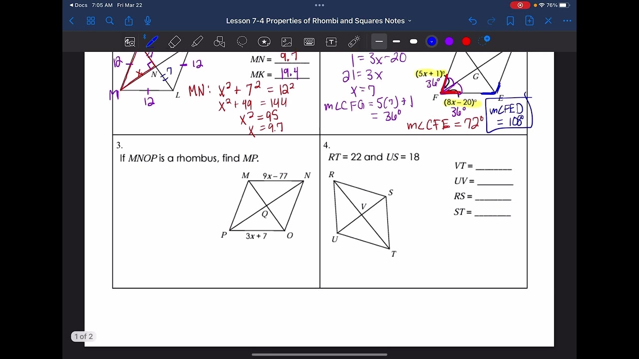 Lesson 7-4 Properties of Rhombi and Squares