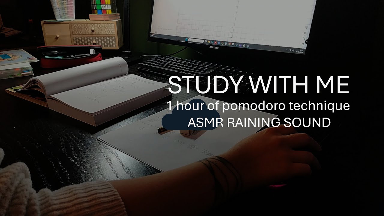 🌧️​ 1 hour study with me | 25/5 pomodoro technique | asmr raining sound