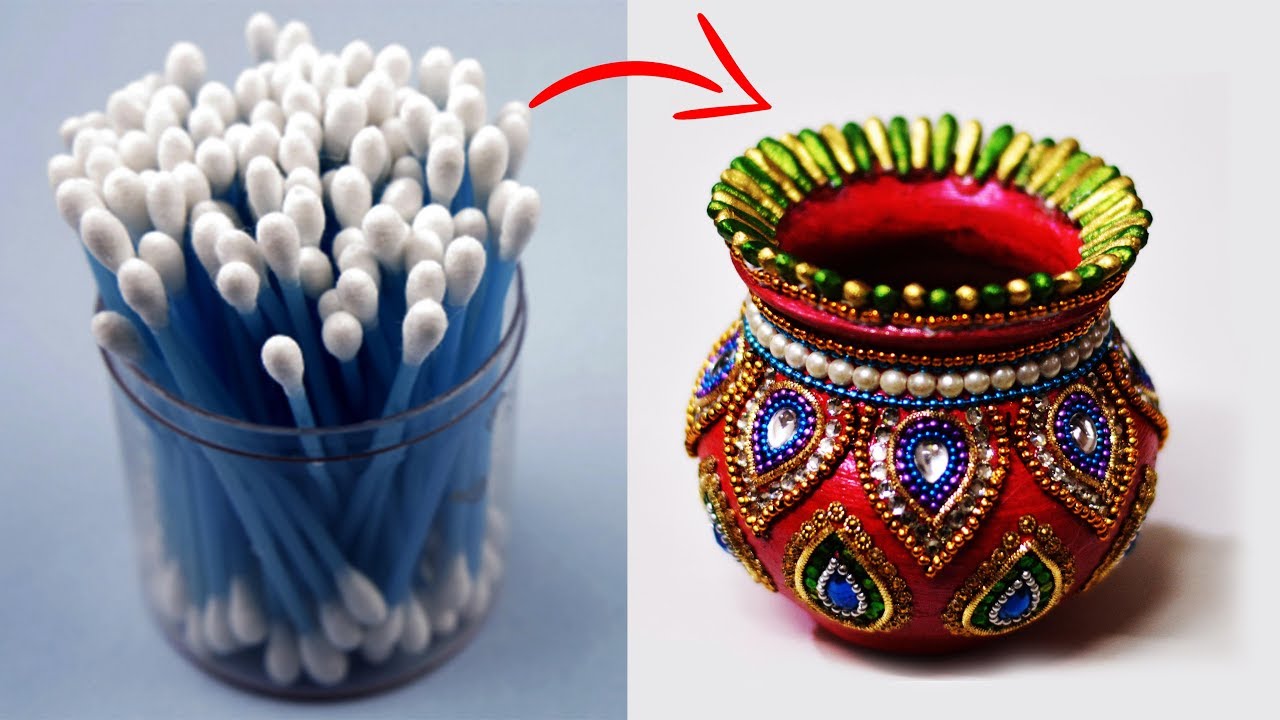 Kalash/Urn Decoration ideas | Decorated with Cotton Bud | Decorated matki for Bal Gopal |Janmasthami