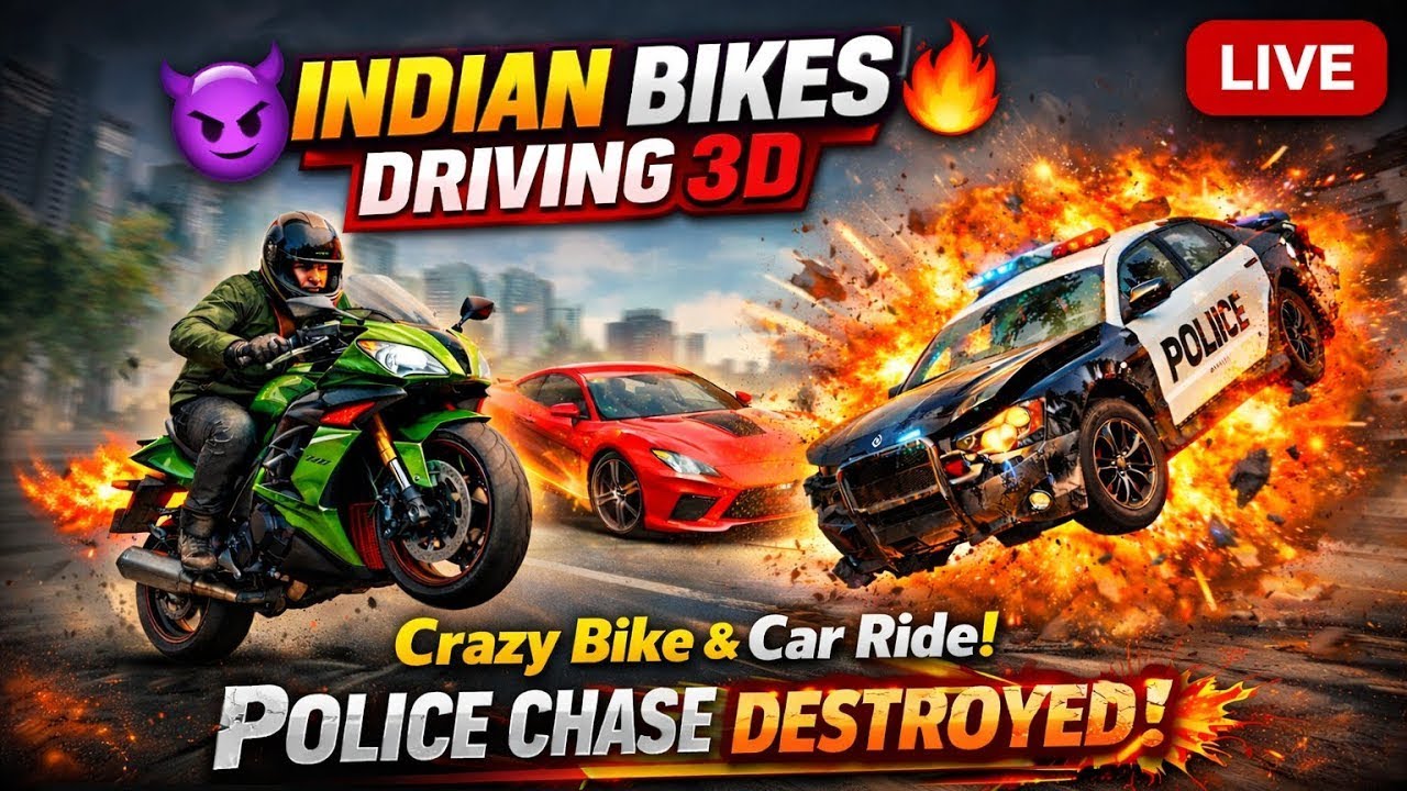 🔴Live Indian Bikes Driving 3D😈🔥 | Crazy Bike & Car Ride 🚗🏍️ Police Chase Destroyed 💥🚓#gaming