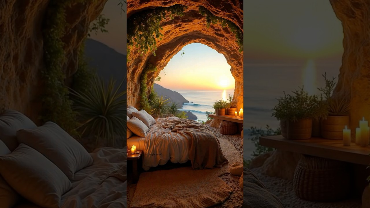 cozy cave room overlooks a tranquil ocean at sunset #sea #nature #cozycafevibes #sunset #explore