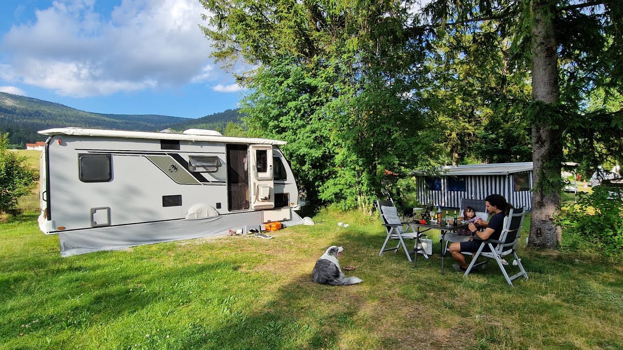 Weekend with caravan, Camping Wohnwagen. Knaus Campingpark Lackenh&auml;user, Bayerischer Wald, Germany