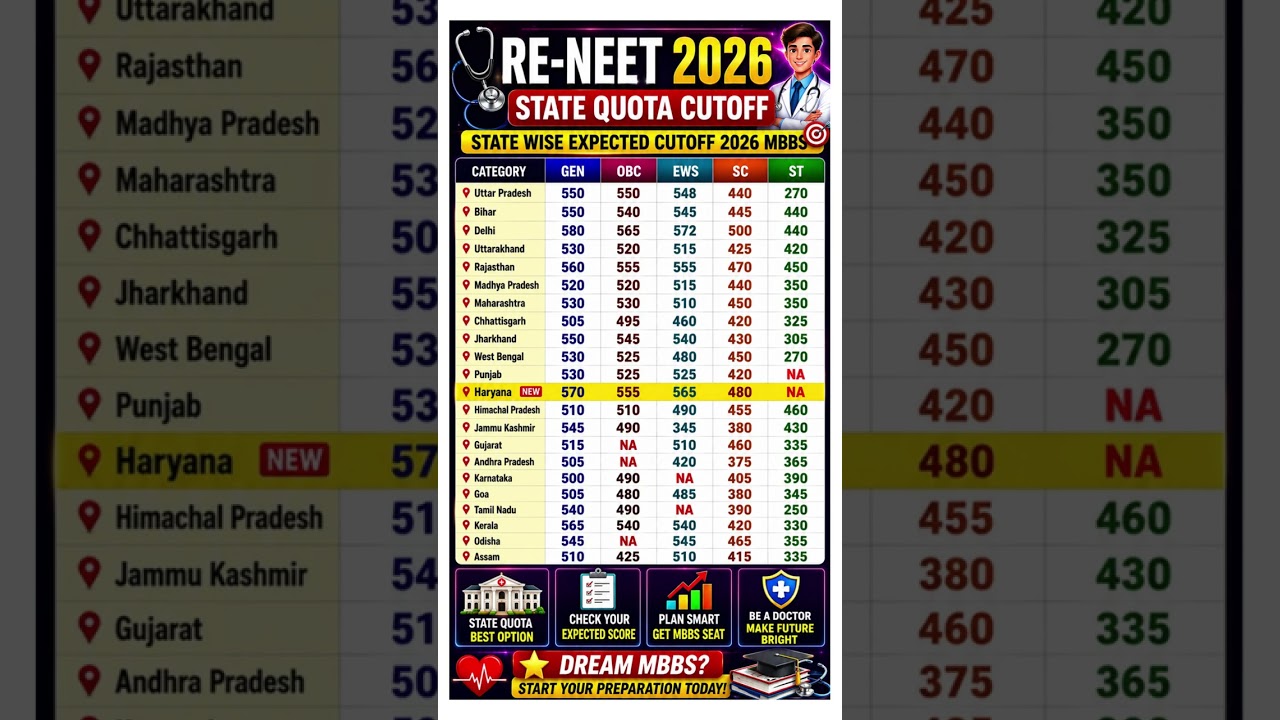 RE-NEET UG 2026 State Quota Cutoff 🔥 Expected Cutoff for All States | MBBS Govt College Cutoff 2026