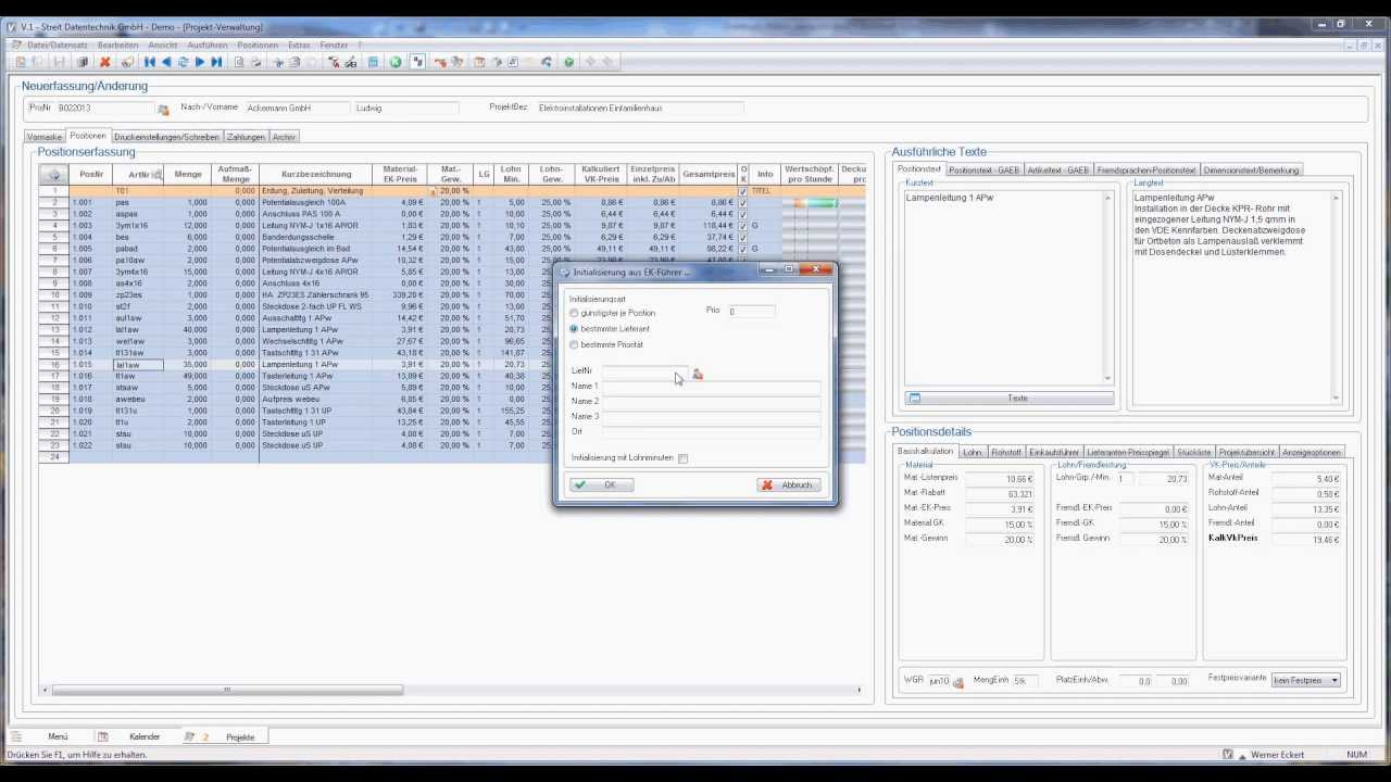 STREIT Elektro Software: Kalkulation eines Leistungsverzeichnisses (LVs)