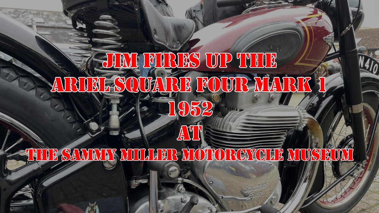 Jim fires up the classic 1952 Ariel Square Four Mk I at the Sammy Miller Motorcycle Museum.