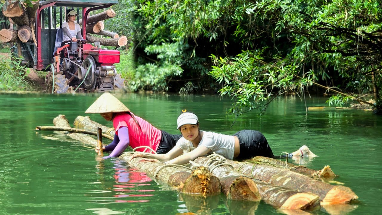 Agricultural Truck and 2 Girls Transporting Large Logs Across the River#agricultural#truck#woodtruck