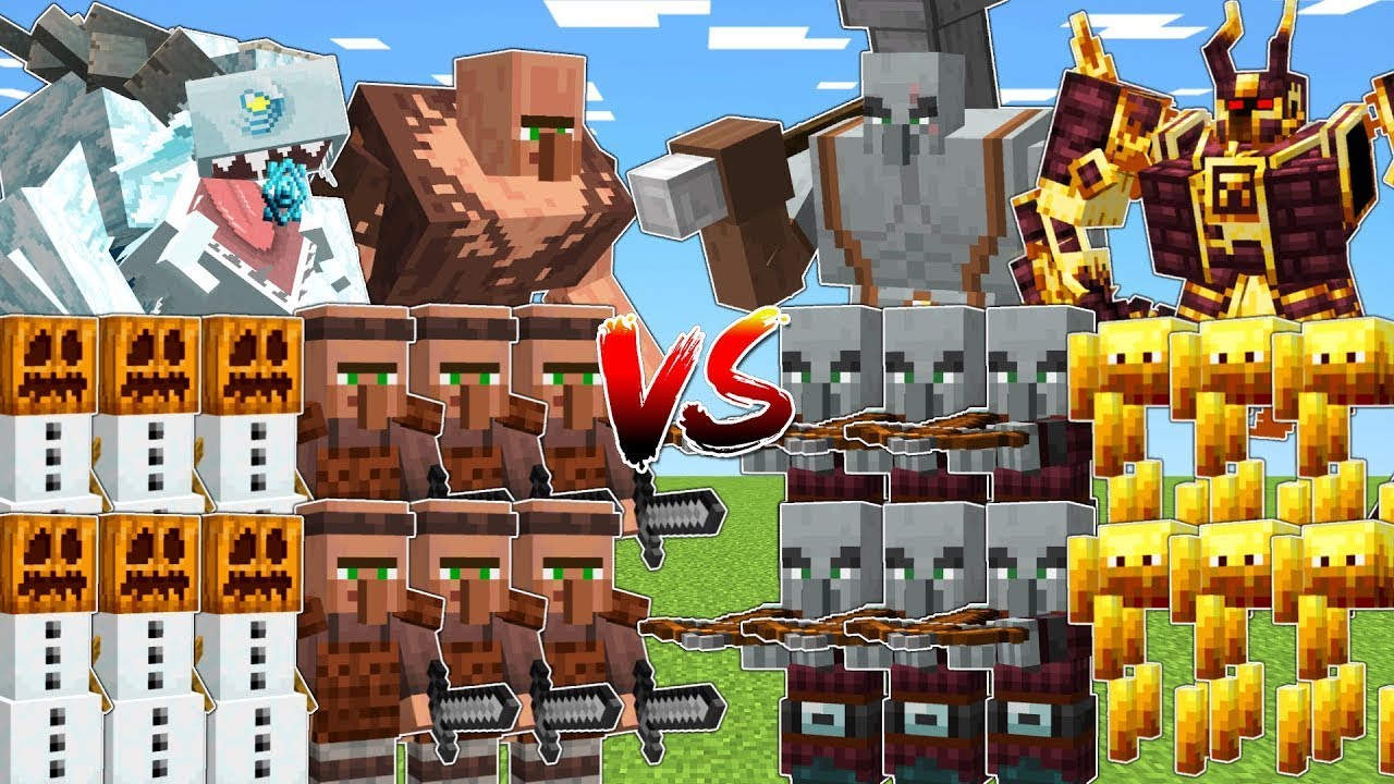 SNOW GOLEM & VILLAGER vs PILLAGER & BLAZE Army!