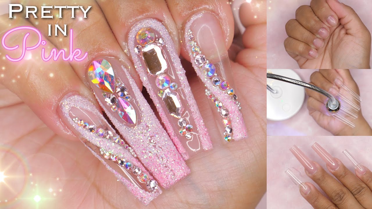 Watch Me Do My Nails | Pink Glitter Blinged Out Nails | Hard Builder Gel Nails Tutorial
