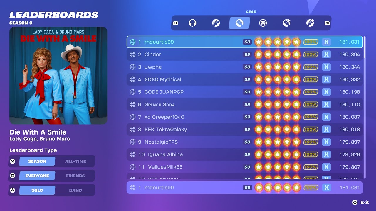[Fortnite Festival S9] Die With A Smile Expert Lead 100% FC 1st Place
