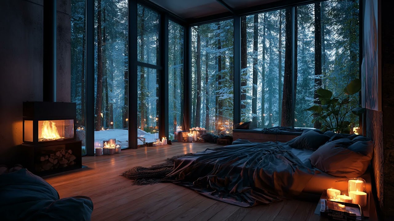 Midnight Forest Immersion Through Glass Walls | Low Firelight, Deep Silence, Slow Night for Sleep