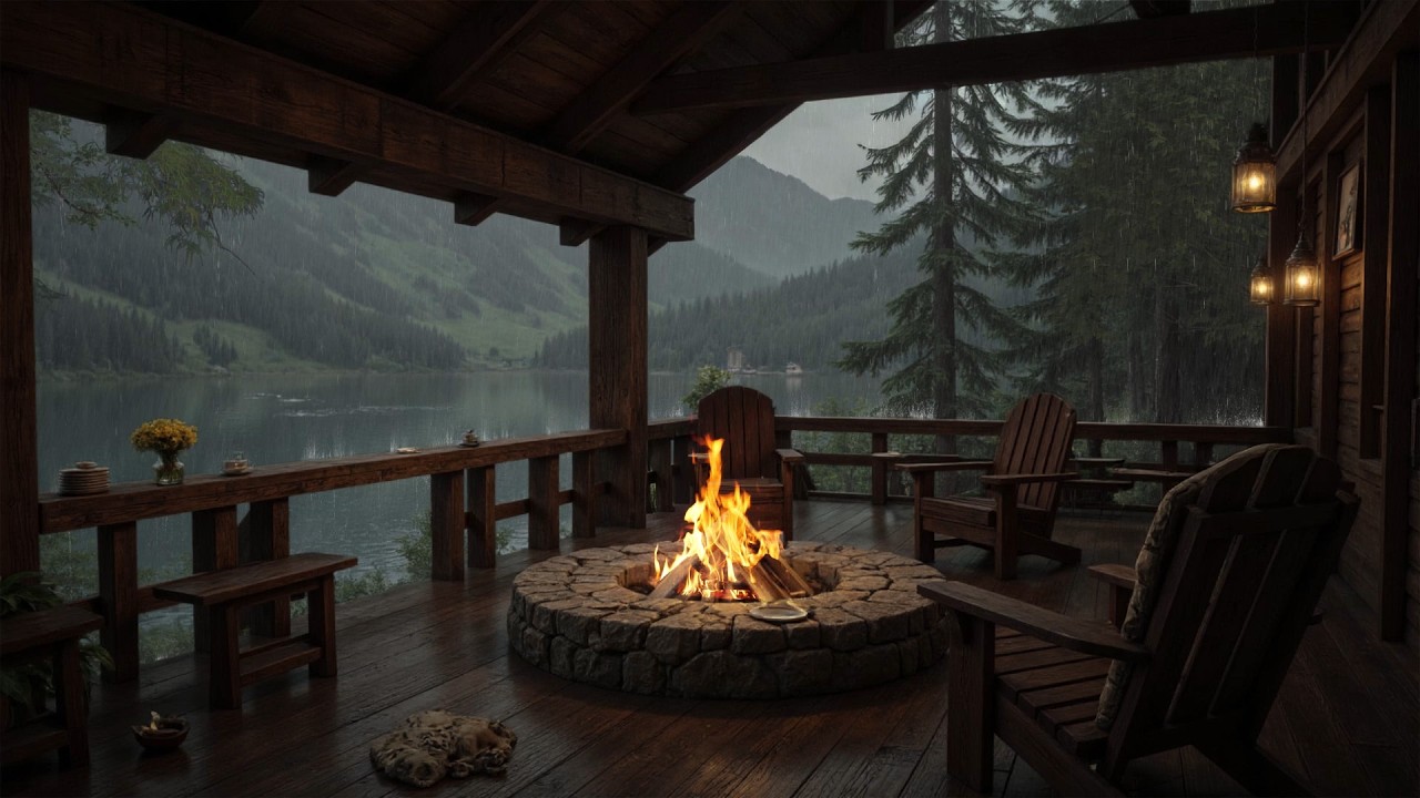 Rain & Thunder Ambience with Cozy Fireplace at Lakeside Porch Window for Deep Sleep & Relax 😴 Sounds