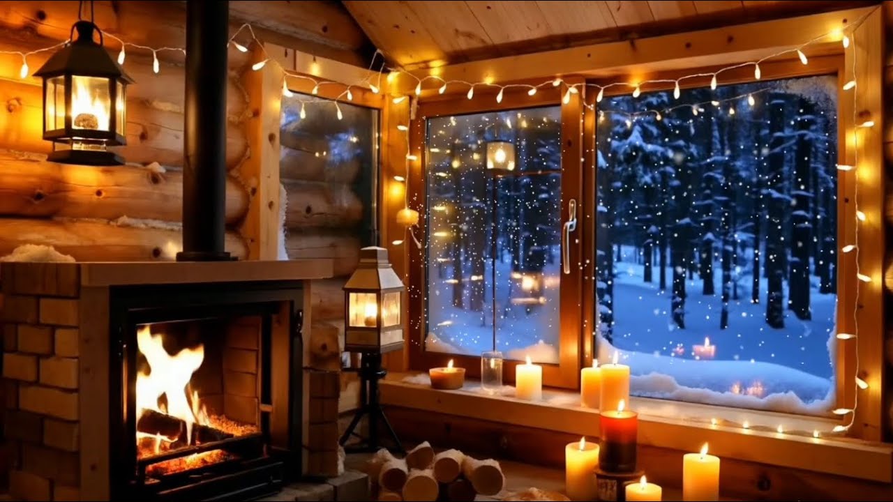 Cozy caffe Jazz & Winter Ambience | Cozy Cabin Fireplace & Heavy Snowfall