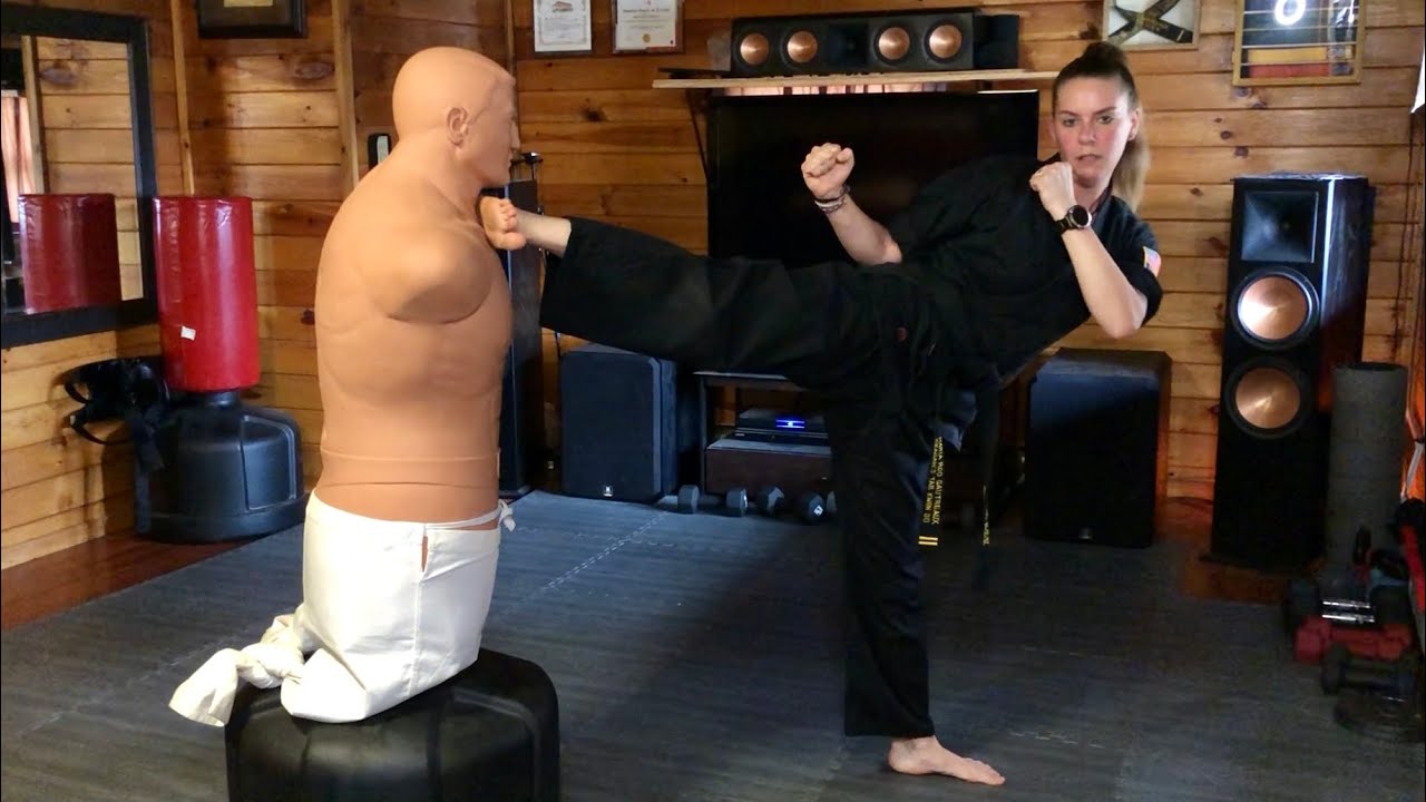 Beating up Bob with kicks and punches, kicking toward camera, taekwondo, real time and slow motion
