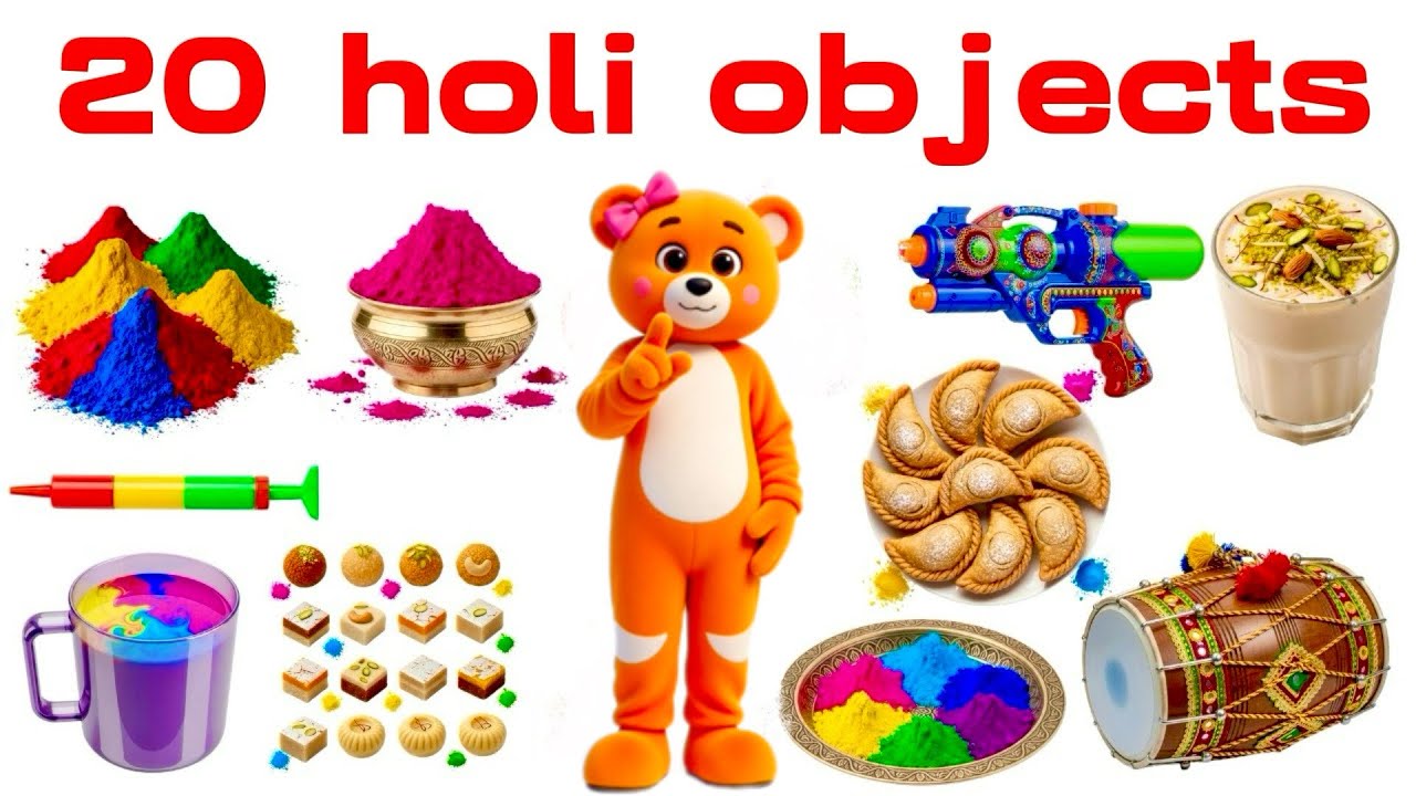 20 Holi Objects Name for Kids Festival Items in English & Hindi | KidsLearning videol Learn Holi 