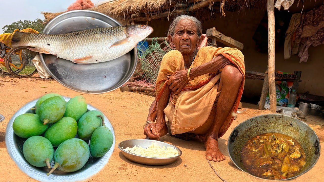 Rui Fish with Mango fruits recipe cooking and eating by poor widow Grandma ||Village cooking Channel