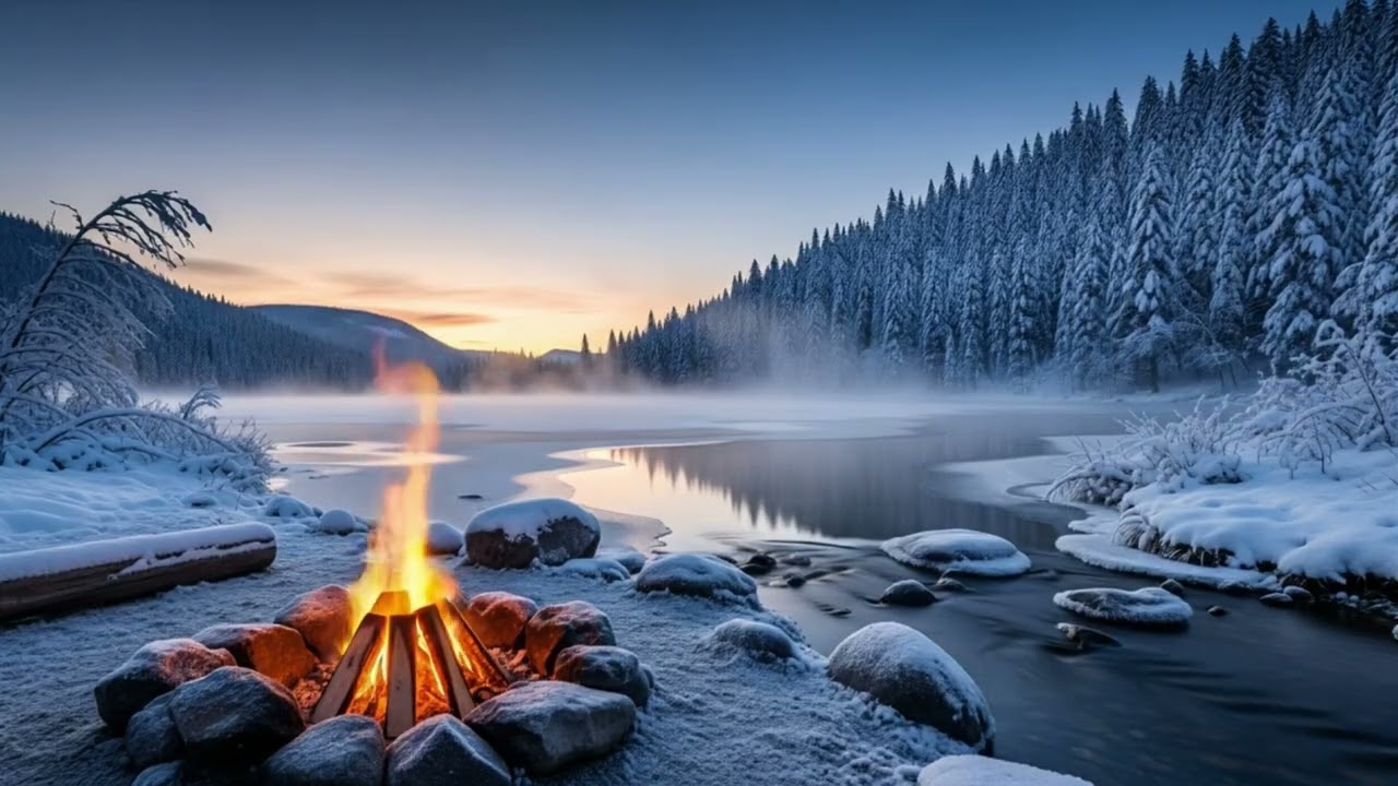 Misty Winter River Campfire ✨🔥 | 1 Hour of Real Fire & River Sounds for Sleep