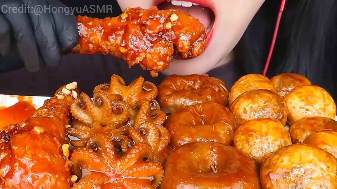 Mukbang spicy fried chicken seafood baby octopus & mushroom big bites 55