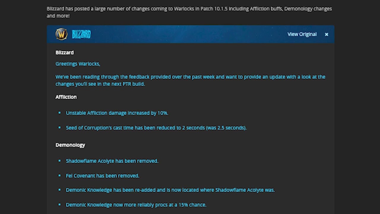 Warlock Class Changes in WoW Patch 10.1.5: Deep Dive into Affliction Buffs and Demonology Overhaul
