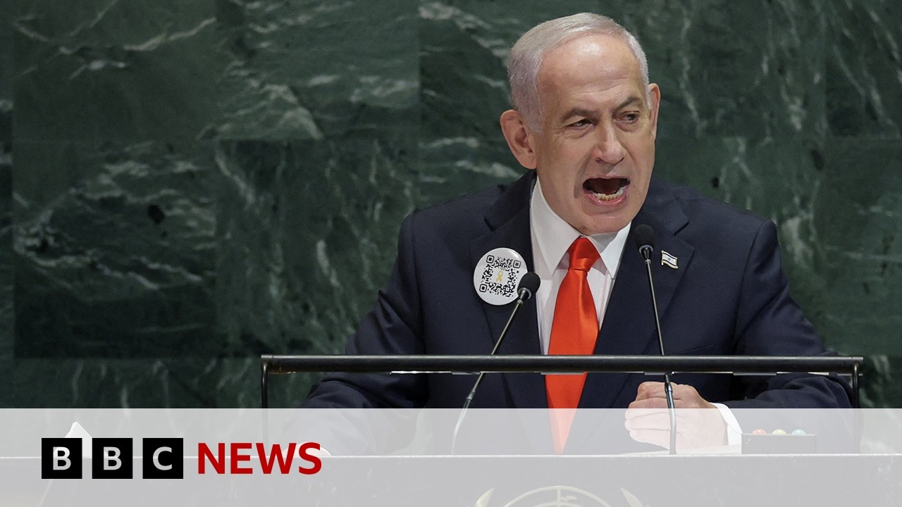 Netanyahu calls Palestinian recognition 'disgraceful', as dozens walk out of UN speech | BBC News