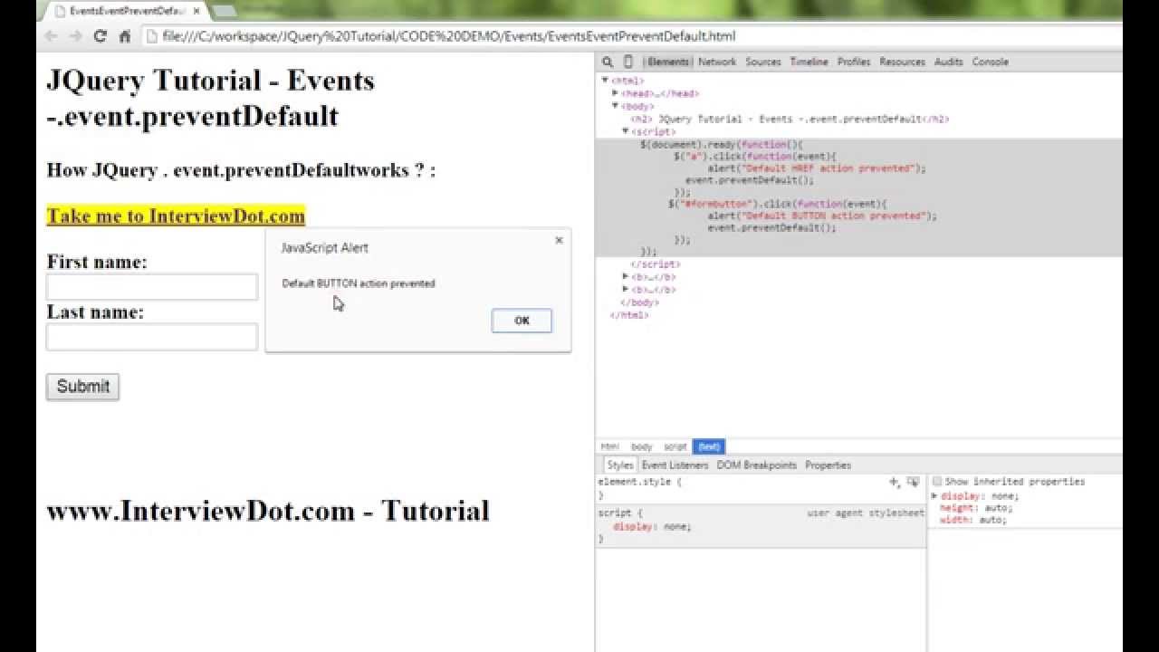 EVENT PREVENTDEFAULT METHOD IN JQUERY   DEMO