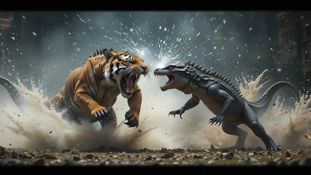 Savage Encounter: Tiger Takes on Komodo Dragon in Brutal Desert Battle!
