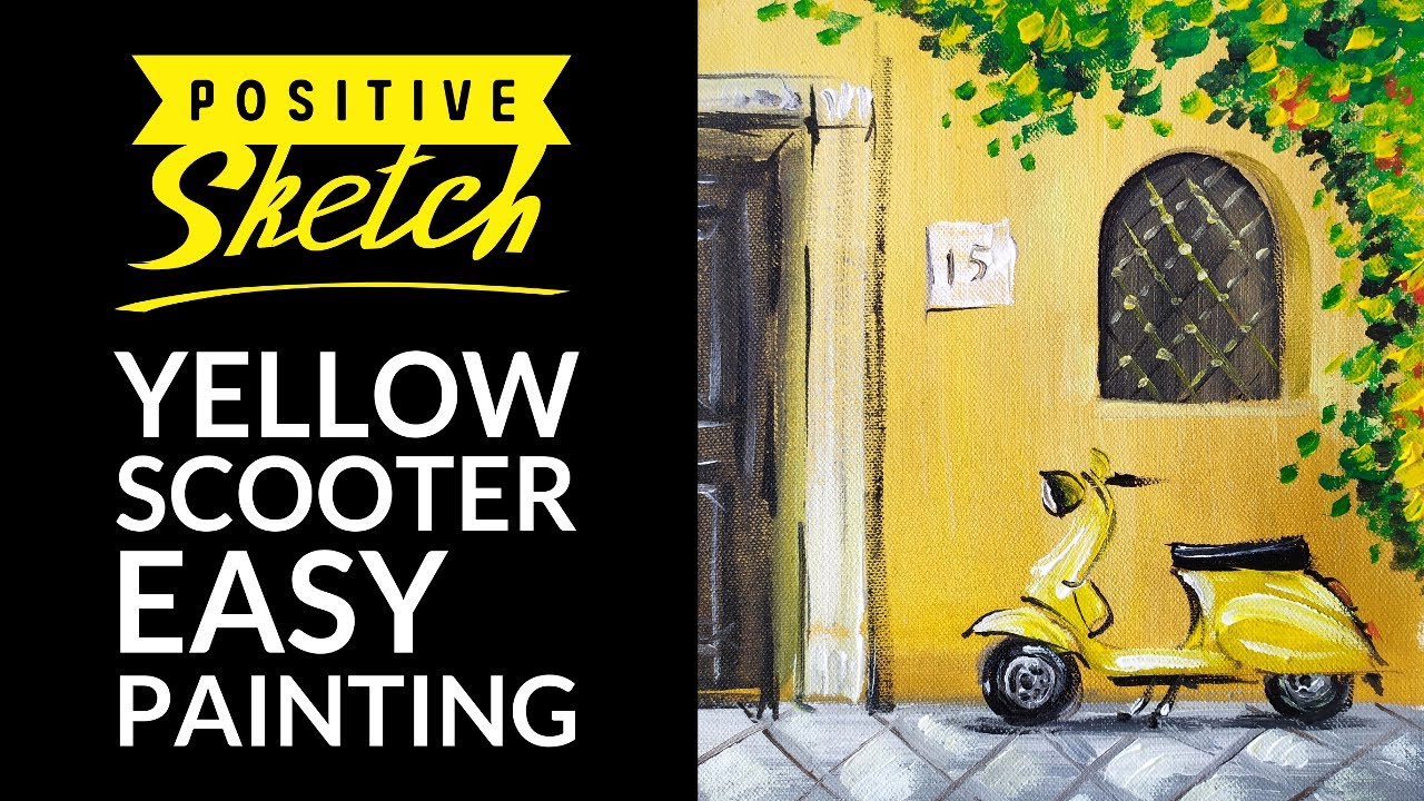 Acrylic painting tutorial, Easy acrylic painting, Yellow scooter, Painting for beginners