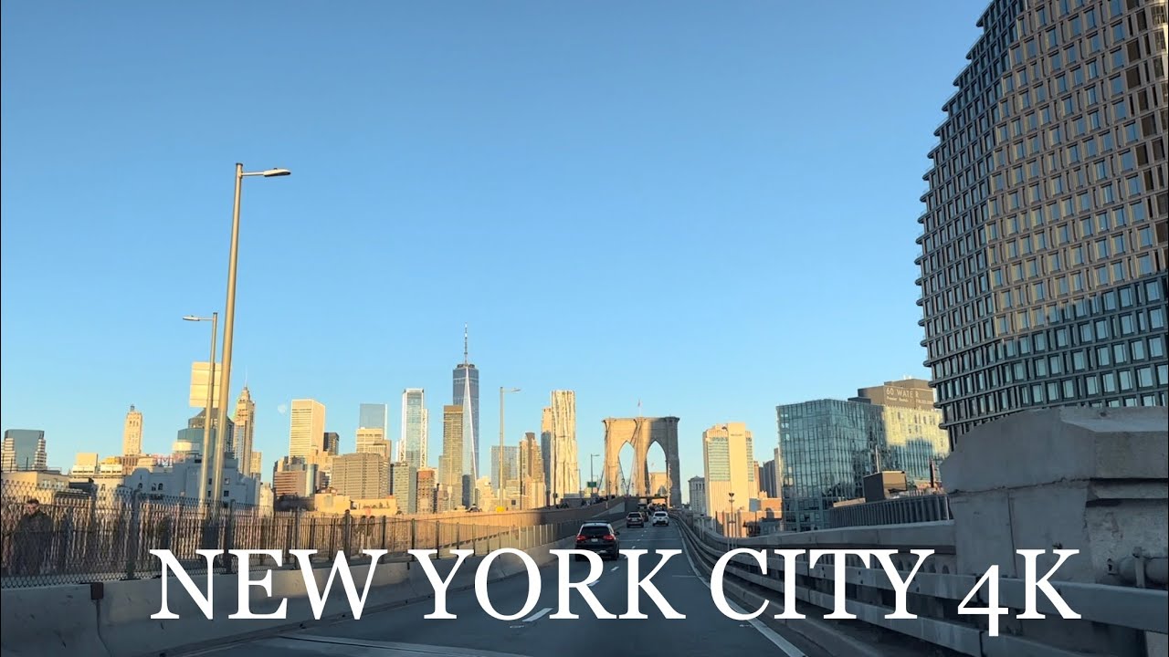 New York City Brooklyn Bridge Driving Downtown Manhattan Chambers Street 4K