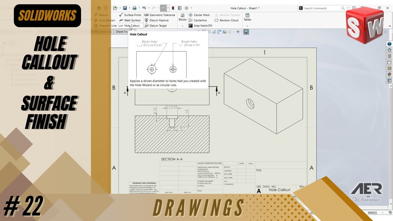 Hole Callout & Surface Finish | Solidworks Tutorial | Drawing | Stage #22 Eng - AER Int.