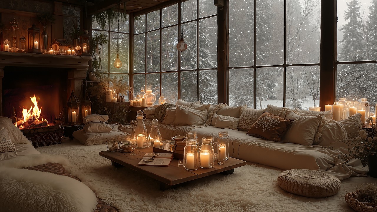 Peaceful Cozy Snow Cabin Ambience ❄️ Soft Piano, Falling Snow & Fireplace Sounds for Deep Sleep