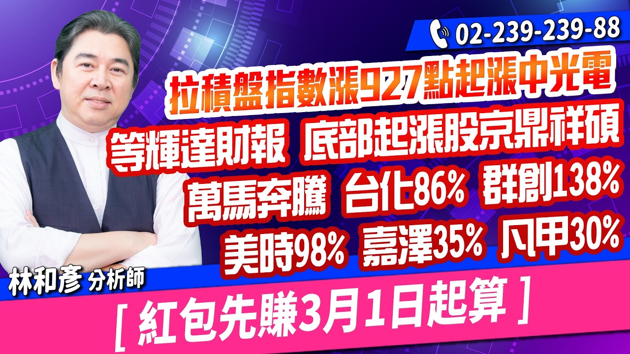 林和彥【時間密碼】20260224盤後／拉積盤指數漲927點起漲中光電  等輝達財報 底部起漲股京鼎祥碩   萬馬奔騰 台化86% 群創138%    美時98% 嘉澤35% 凡甲30%