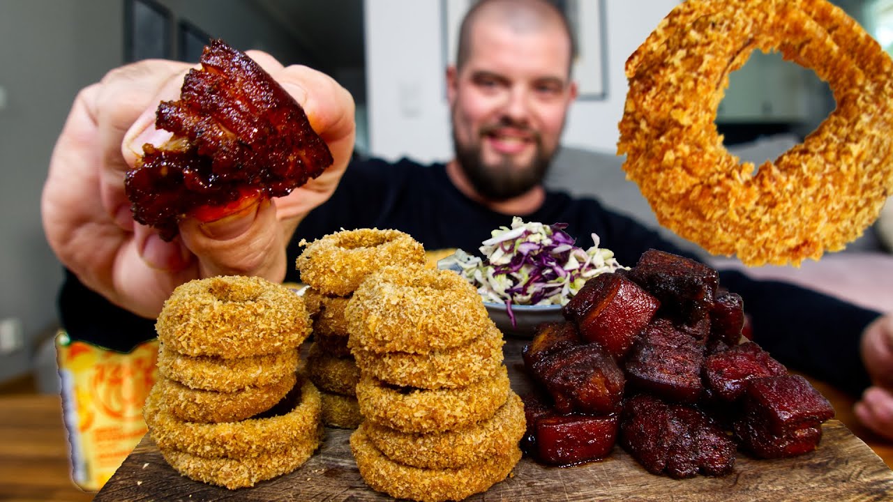 Crispy Pork Belly Burnt Ends with Crunchy Onion Rings & Aioli | ASMR Mukbang