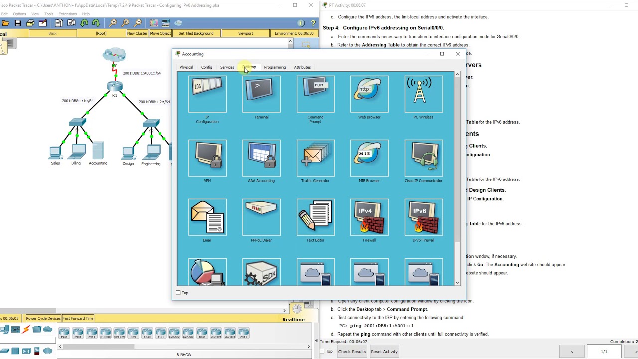 PKT 7.2.4.9 - Configuring IPv6 Addressing