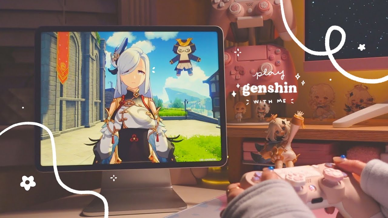 🦢 playing genshin at midnight on a cozy lil' ipad setup | 1hr of gameplay ambience (jp dub) ✩