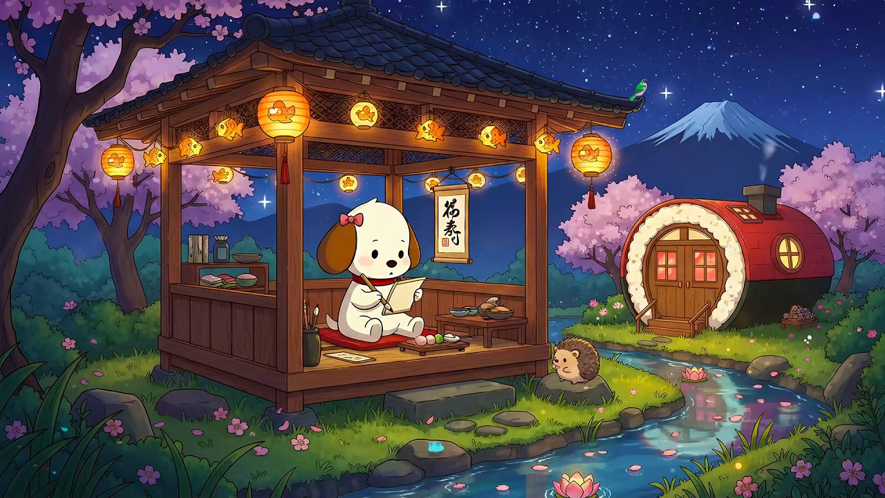 Cute Puppy Writing 🌸 Lofi Hip Hop Relaxing Beats 🏮 Peaceful Night at the Sakura Shrine