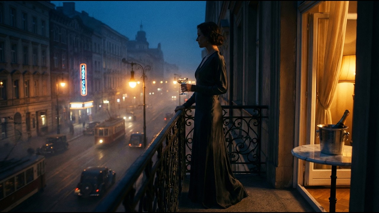 Foggy Jazz Nights 🌫 1940s European Balcony Ambience | Vintage City Jazz