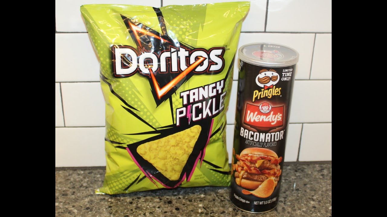 Doritos Tangy Pickle Tortilla Chips & Pringles Wendy’s Baconator Potato Crisps Review