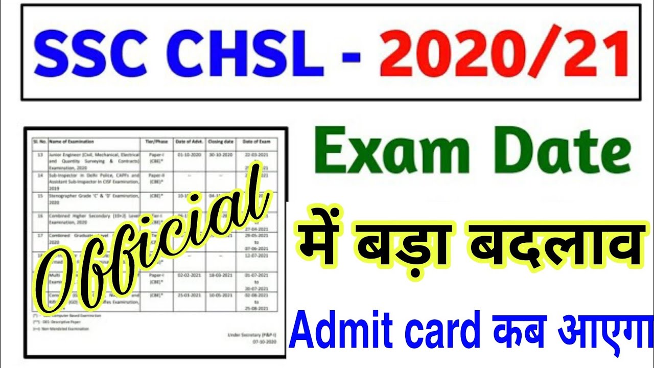 SSC CHSL Exam Date 2021 / CHSL Exam Date 2021 / SSC CHSL Admit card 2021
